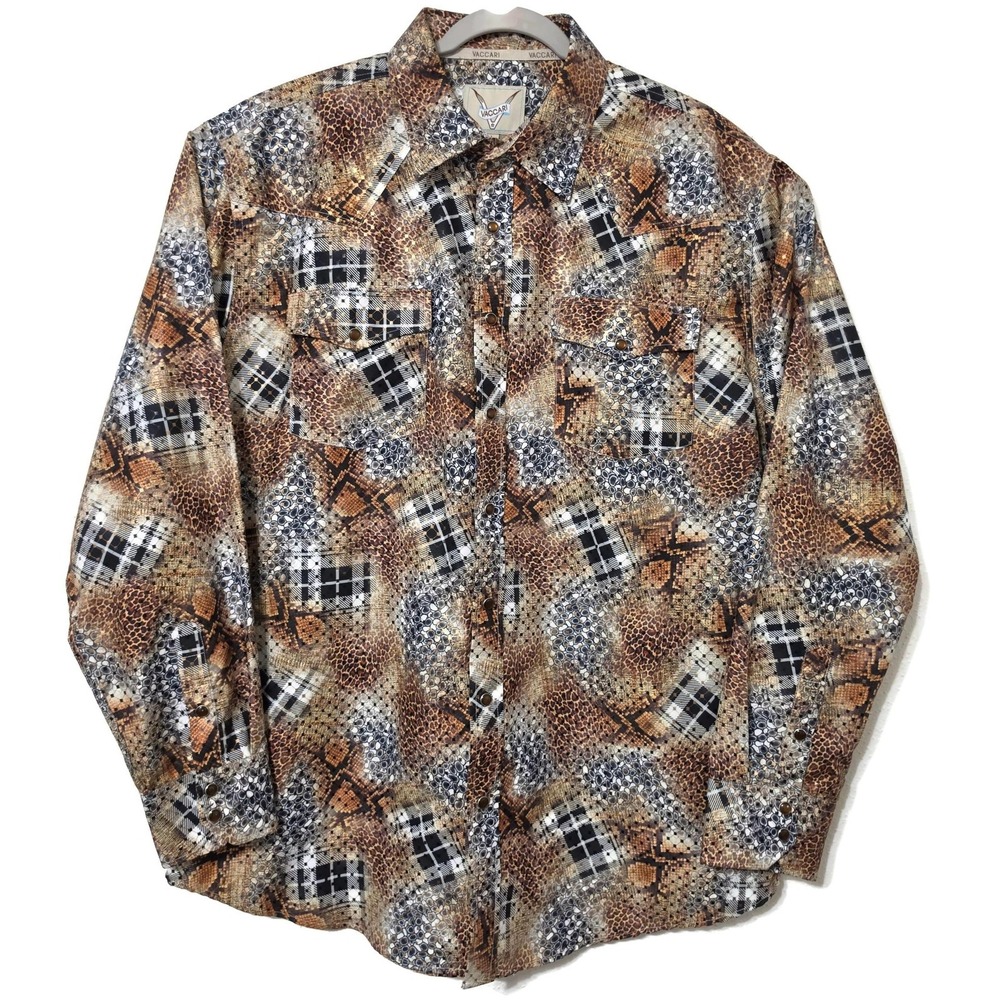 Vaccari Shirt Mens Large Brown Animal Print Long Sleeve Snap Western Embroidered